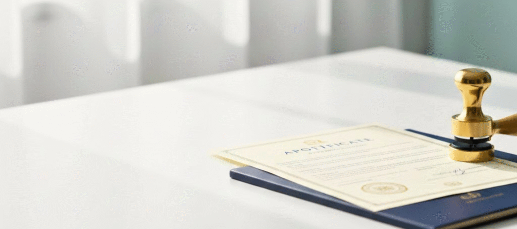 Apostille certificate and gold notary seal on desk – Gulf Apostille Houston Texas