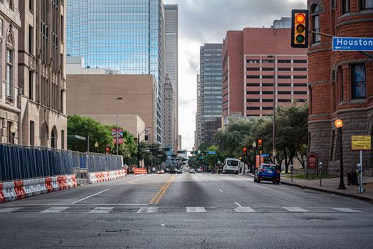 Street view of downtown Houston, Texas showcasing urban architecture and cityscape.